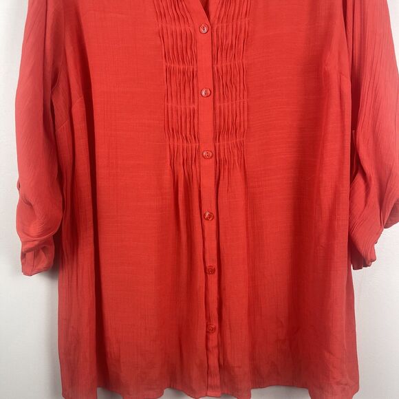 Catherine's Top Sz 0X Red Orange Pleated Button Front Blouse Sheer Flowy Boho - Picture 5 of 8
